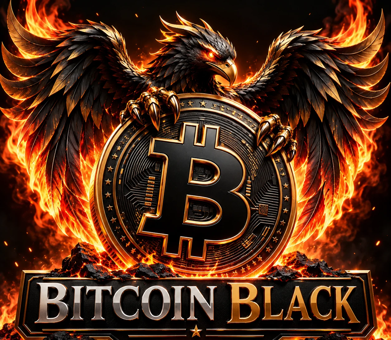 Fiery black phoenix gripping a gold-trimmed Bitcoin Black coin